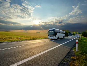 Two white buses traveling on the asphalt road in rural landscape at sunset with dramatic clouds