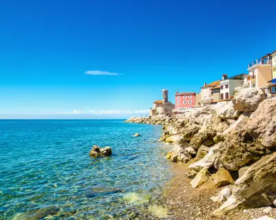 Amazing view on the Piran Coast, Gulf of Piran on the Adriatic Sea, Slovenia