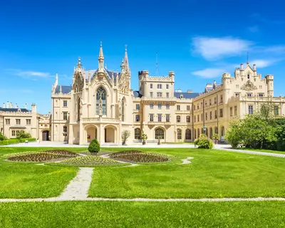 View of Lednice castle with monumental park in South Moravia – UNESCO (Czech Republic)