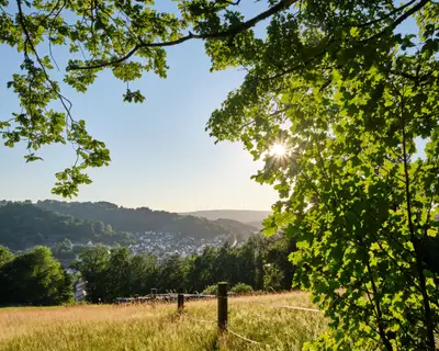 A beautiful scenic view into a rural German summer landscape in the Spessart with the town Bad Orb, Hessen