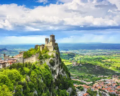 San Marino Republic, medieval Guaita first tower on a rocky cliff and panoramic view of Romagna