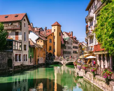 7 August 2018, Annecy France : Annecy old town cityscape and Thiou river view and bridge