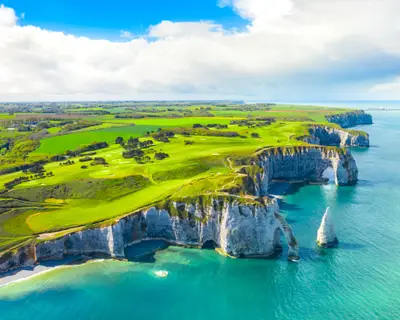 Picturesque panoramic landscape on the cliffs of Etretat. Natural amazing cliffs. Etretat, Normandy, France, La Manche or English Channel. France