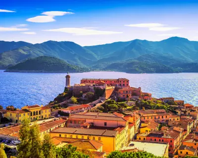 Elba island, Portoferraio aerial view. Lighthouse and fort. Tuscany, Italy, Europe.