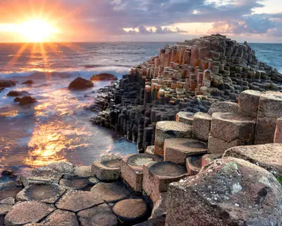 Sunset at Giant s Causeway in North Antrim, Northern Ireland