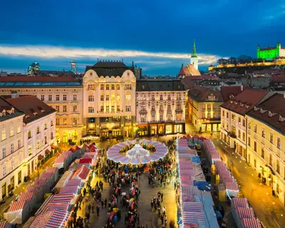 Christmas market in Bratislava, Slovakia at night