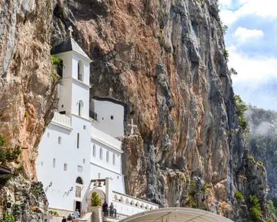 Buildings of Ostrog monastery Upper Church with mosaics. Niksic, Montenegro.