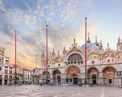 Basilica San Marco and the Clocktower in Piazza San Marco, morning view.