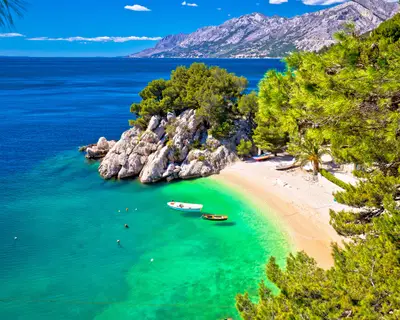 Idyllic beach Punta Rata in Brela aerial view, Makarska riviera of Dalmatia, Croatia