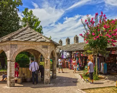 Mostar, Bosnia and Herzegovina - Nov 1, 2018: Tourists in Mostar old town.