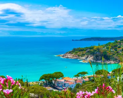 Panoramic view over cavoli beach and coast in Elba island, Tuscany, Italy.