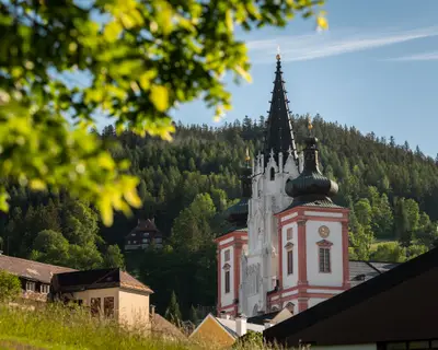 Basilica of the Birth of the Virgin Mary in Mariazell (Austria), foggy morning. This is the most important pilgrimage destination in Austria and one of the most visited shrines in Europe.