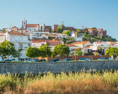 View of Silves Town with the Castle and church on the top in Portugal