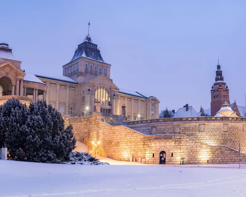 Old landmarks of Szczecin in a winter coat