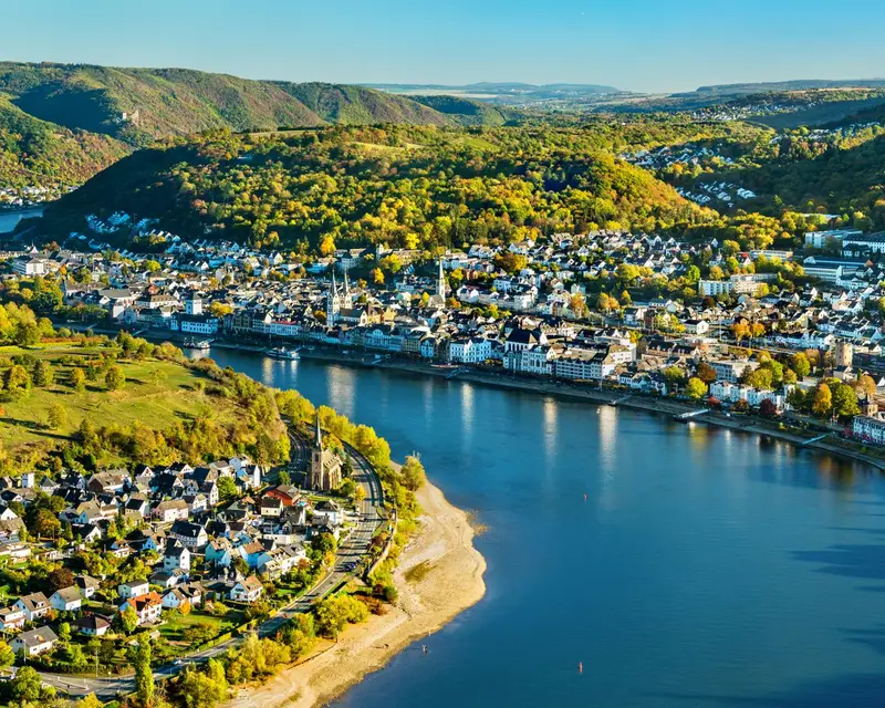 Aerial view of Filsen and Boppard towns with the Rhine river in Germany