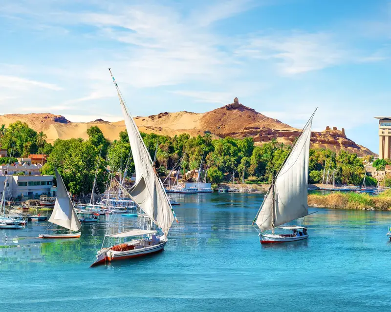 River Nile and boats at sunset in Aswan