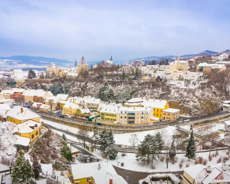 Winter panorama of snow covered Krems an der Donau in Austria