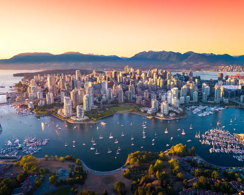 Beautiful aerial view of downtown Vancouver skyline, British Columbia, Canada at sunset